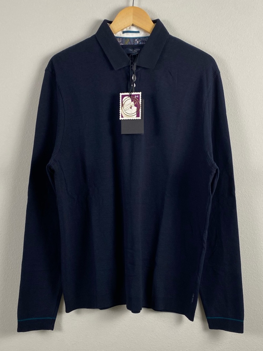 Ted Baker London Terned Long Sleeve Ribbed Knit Polo | Navy